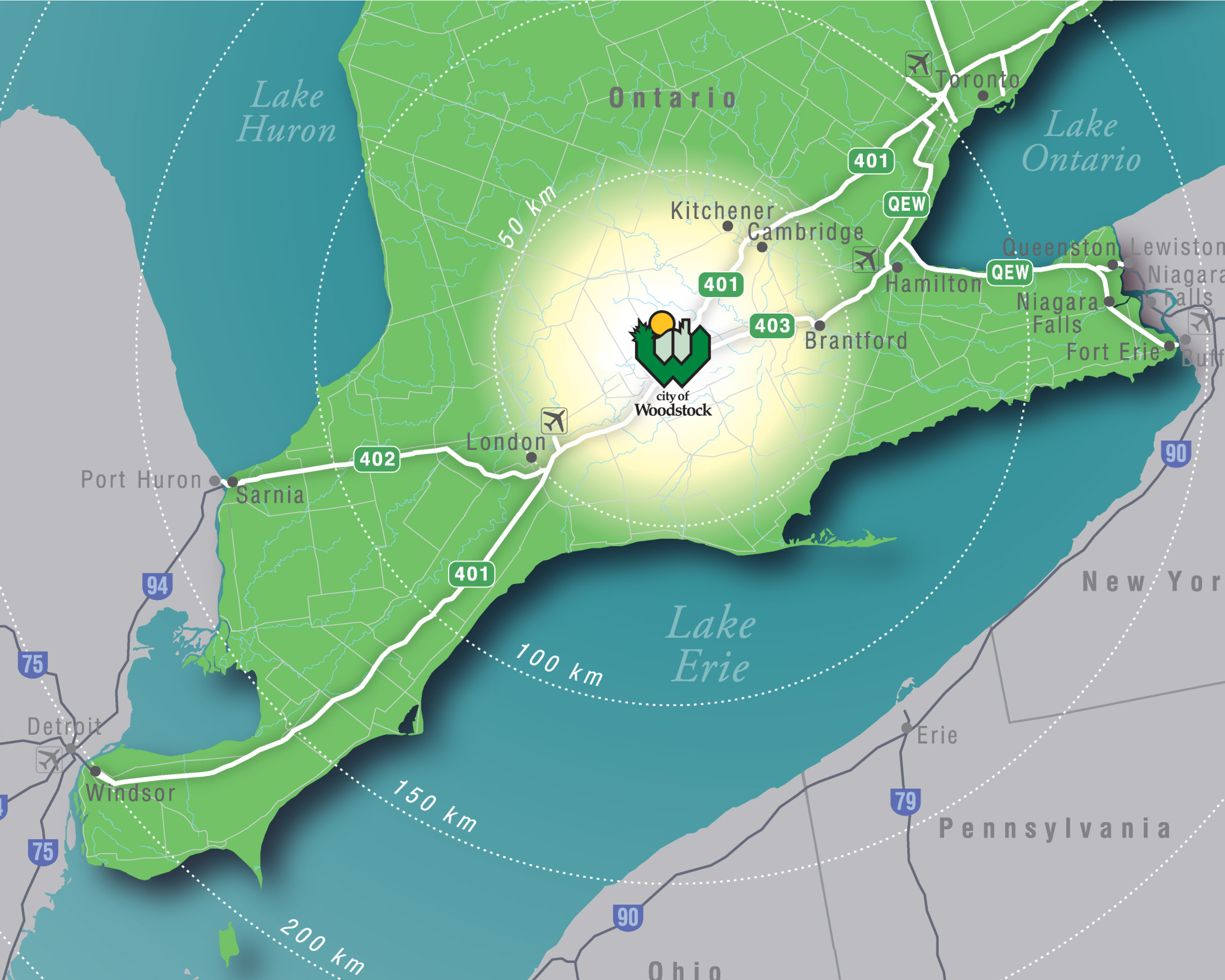 map showing a radius around Woodstock from up to 200 kilometers 